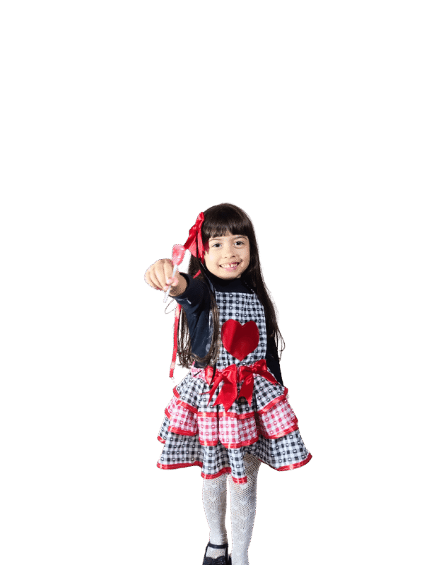 Jardineira Infantil Quadriculada 3 Camadas Coração Vermelho