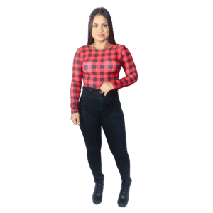 Body Quadriculado Manga Longa Vermelho e Preto