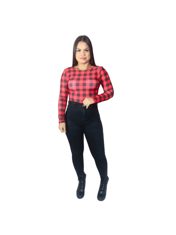 Body Quadriculado Manga Longa Vermelho e Preto