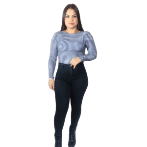 Body Quadriculado Manga Longa Preto e Branco