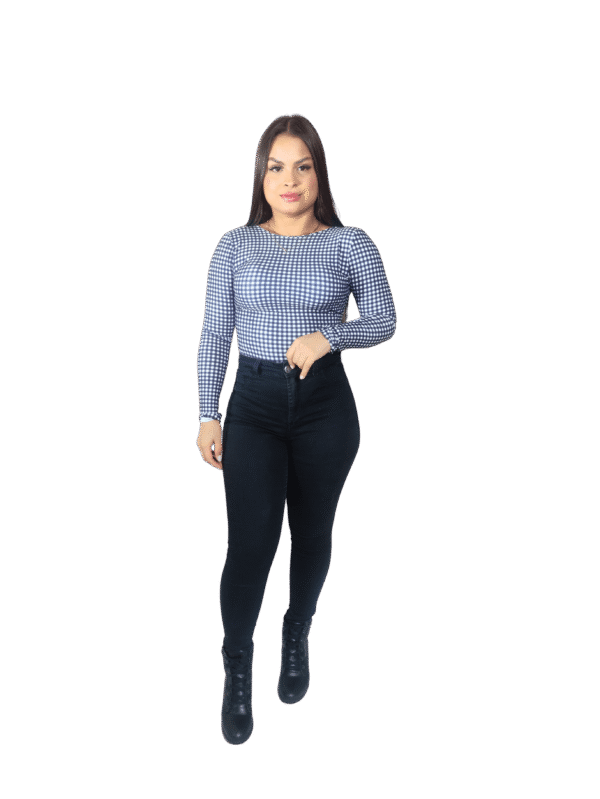 Body Quadriculado Manga Longa Preto e Branco