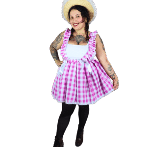 Saia Quadriculada com Suspensório Franzido Rosa e Branco